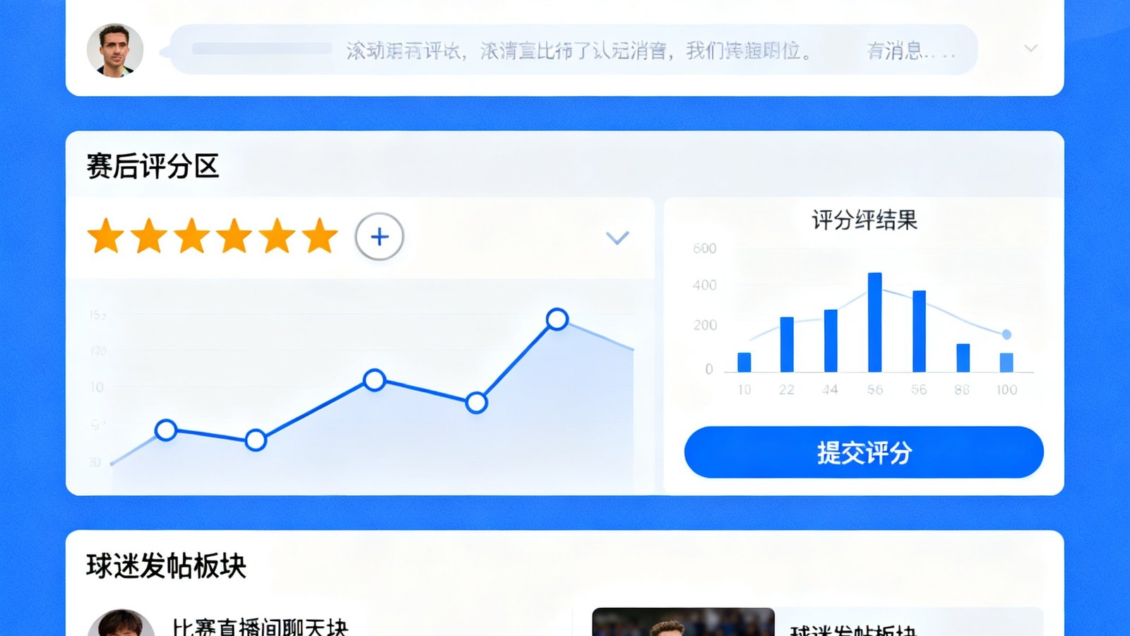 搜球吧球迷社区互动界面截图，展示比赛直播间聊天室、赛后评分区和球迷发帖板块的完整布局